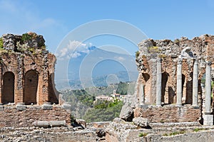 Greek theater Taormina city with a panorama at the Etna, Sicily