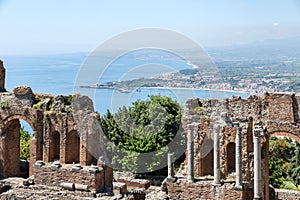 Greek theater Taormina city with a panorama at Siciliy