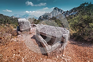 greek tombs and ancient burials in the ancient city of Termessos in Antalya province in Turkey. Famous tourist and