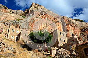 Greek town of Monemvasia with Byzantine buildings on the side of a mountain, Greece