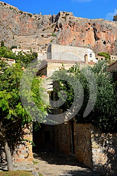 Greek town of Monemvasia with Byzantine buildings on the side of a mountain, Greece