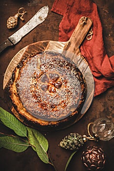 Greek traditional Christmas bread or pie Vasilopita with sesame