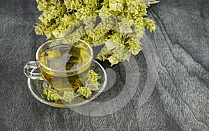 Greek traditional herbal tea in transparent cup. Bunch of mountain tea Malotira and mug with hot tea. Mountain tea sideritis. Natu