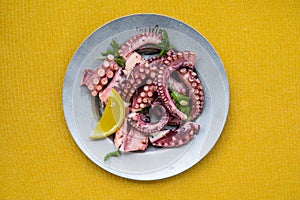 Greek traditional, sea food - Octopus with olive oile and lemon juice. Octopus Ceviche