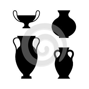 Greek Vases Black Silhouettes in A Simple Style. Vector Illustrations of various Clay Vessels