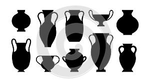 Greek Vases Black Silhouettes in A Simple Style. Vector Illustrations of various Clay Vessels