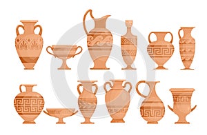 Greek vases flat vector illustrations set. Ceramic antique amphora with patterns collection. Ancient Greece potter with photo