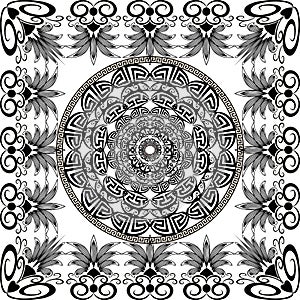 Greek vector black and white round mandala pattern. Ornamental modern background with floral square frame. Geometric shapes,
