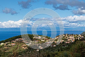 Greek village on green hills of Lefkada island