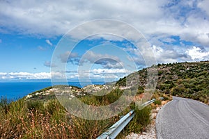 Greek village on green hills of Lefkada island
