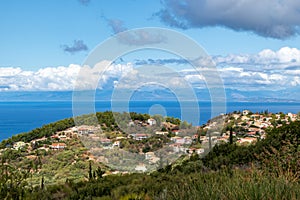 Greek village on green hills of Lefkada island
