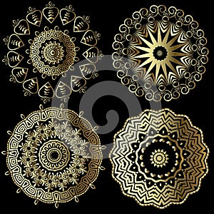 Greek vintage vector round mandala patterns set. Floral ornate background. Geometric greek key meander ancient ornaments. Flowers