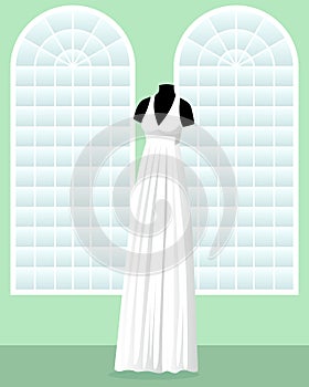 Greek wedding dress on mannequin in saloon