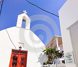 Greek white church in Mykonos Island, Greece.