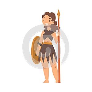 Greek Woman Warrior or Gladiator Holding Shield and Spear Vector Illustration