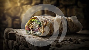 Greek Wrap On Stone, Blurred Background, Rustic Pub. Generative AI