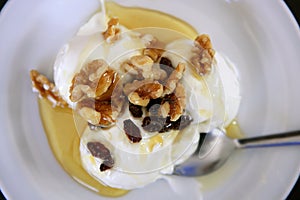 Greek yogurt dessert with honey and walnuts