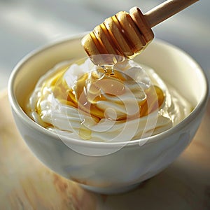 Greek yogurt with flowing honey, close-up of a creamy dessert in natural light