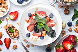 Greek yogurt granola and berry mix. Top view.