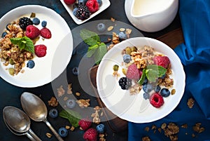 Greek yogurt with granola and fresh berries.