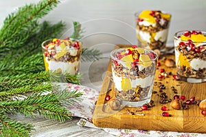 Greek yogurt with granola, orange and pomegranate berries for healthy breakfast on light gray wooden table