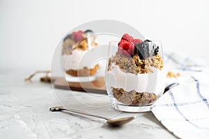 Greek Yogurt with Homemade Granola, Berries, Raspberries and Blackberries Healthy Breakfast