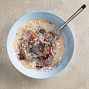 Greek yogurt, honey granola, wooden table, fruit muesli, rolled oats