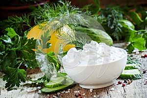 Greek yogurt sauce, cucumber and herbs, selective focus