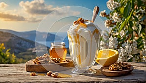 Greek yogurt with walnuts and honey rustic