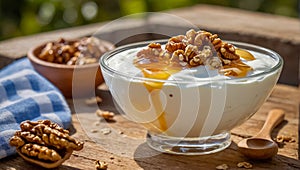 Greek yogurt with walnuts and honey rustic bowl