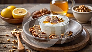 Greek yogurt with walnuts and honey rustic bowl dairy product