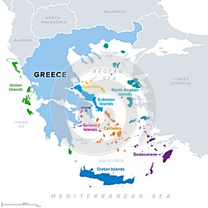 Greek island groups, islands of Greece grouped into clusters, political map photo