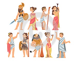 Greeks or Hellenes People Character in Ethnic Chiton Clothing Vector Illustration Set