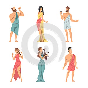 Greeks or Hellenes People Character in Ethnic Chiton Clothing Vector Illustration Set