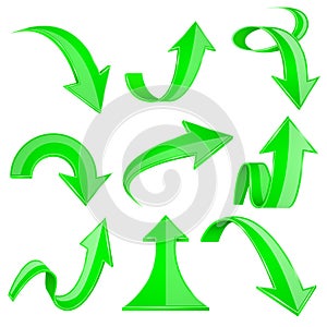 Green 3d arrows. Bent and curled up icons