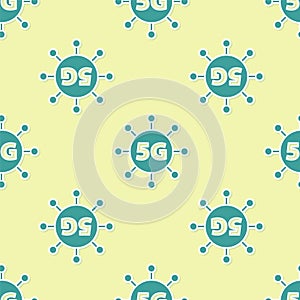 Green 5G new wireless internet wifi connection icon isolated seamless pattern on yellow background. Global network high