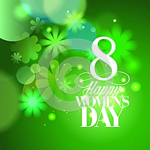 Green 8 march Women`s day card with flowers.