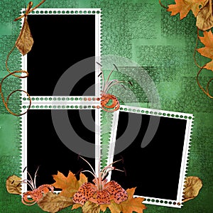Green abstract background with frames and flowers