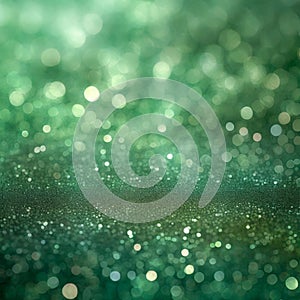 Green abstract bokeh glittery background with defocused light in square format