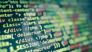 Green abstract code on monitor. Software development background