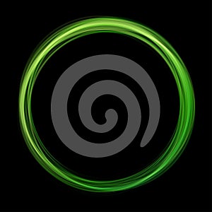 Green abstract neon round shape on black background. Glowing futuristic bright green frame. Simple electric light symbol for
