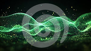 Green abstract wavy particle surface flowing digital background with glowing dots dynamic visualization of data stream network