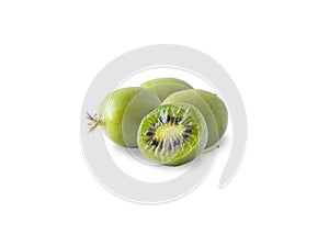 Green actinidia isolated on white background. Actinidia with copy space for text. Kiwi fruit actinidia. Baby kiwi fruits on white