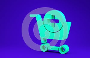 Green Add to Shopping cart icon isolated on blue background. Online buying concept. Delivery service sign. Supermarket