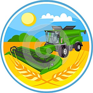 Green agricultural combine vector image in circle with wheat field during harvesting works