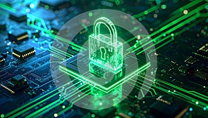 Green AI Cybersecurity Digital Lock on Microchip Data Encryption Secure Network Protection and Advanced Information Security