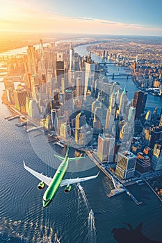 A green airplane flying over a city with a river below