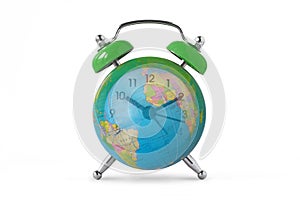 Green alarm clock with earth planet. Ecology and environmental concept