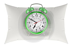 Green alarm clock on the pillow, top view. 3D rendering