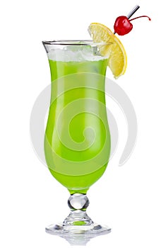 Green alcholol cocktail in hurricane isolated